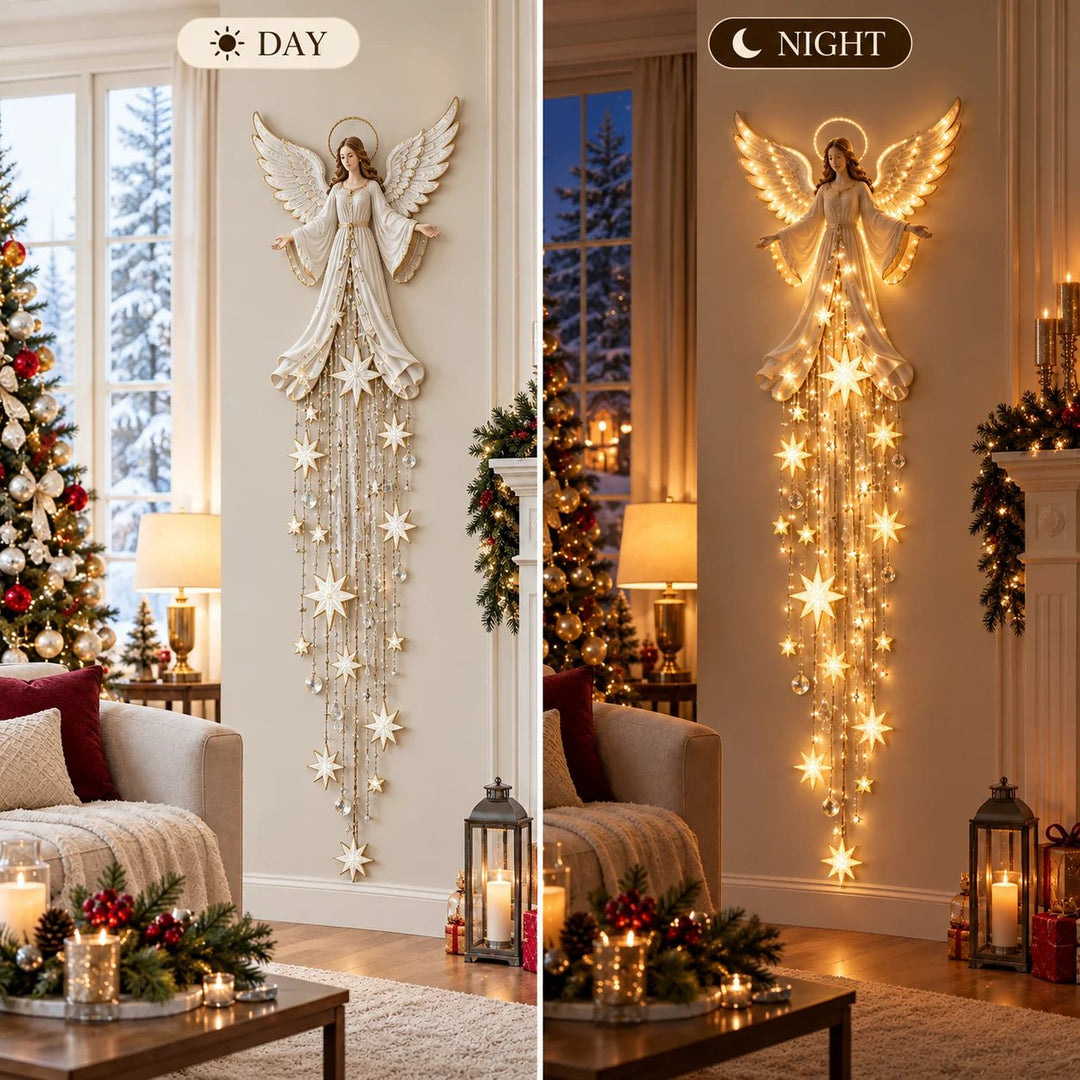 Christmas angel wall lamp with halo and falling stars, warm white