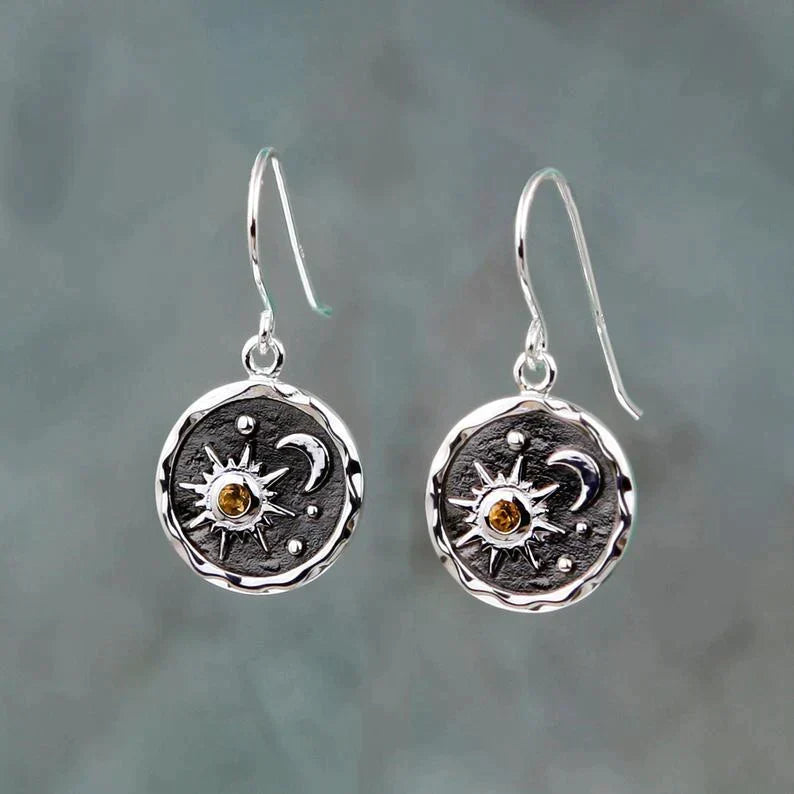 Bohemian Silver Earrings with Moon and Sun Design