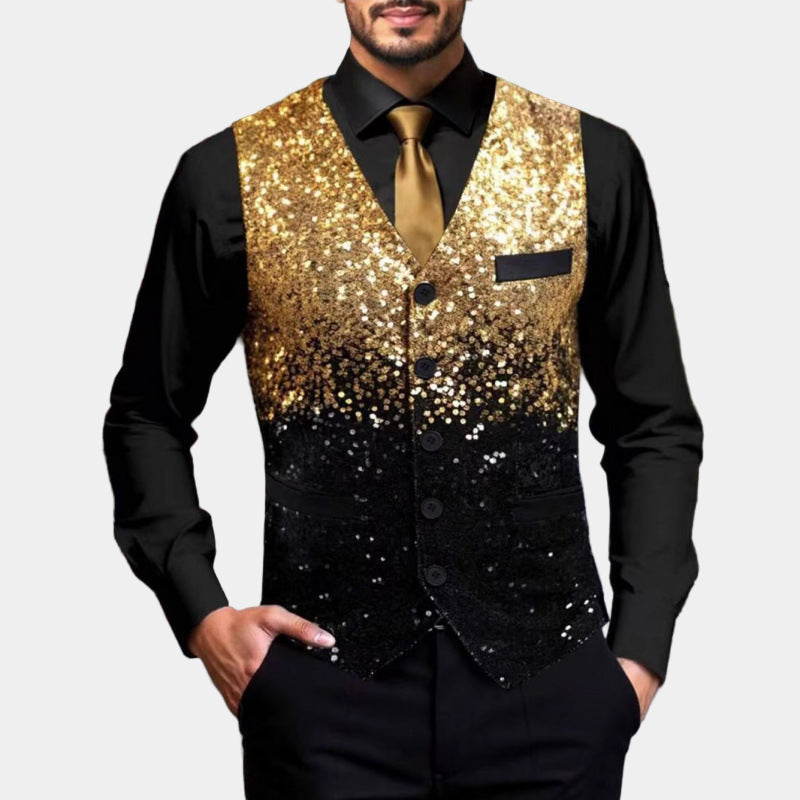Men's Glitter Waistcoat with Satin Lapels Gold