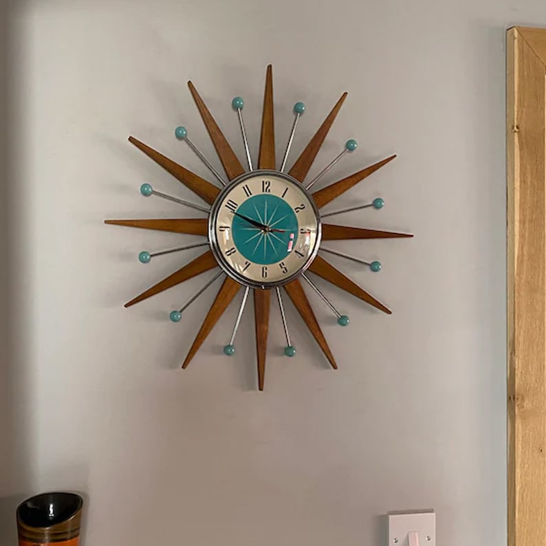 Handmade mid-century style wall clock | Retro wall decor, quiet & battery-operated