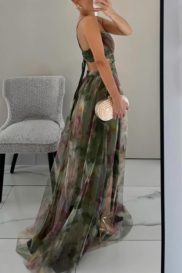 Women's Maxi Dress – Multicolour, Thin Straps, V-Neck, Fluid Silhouette