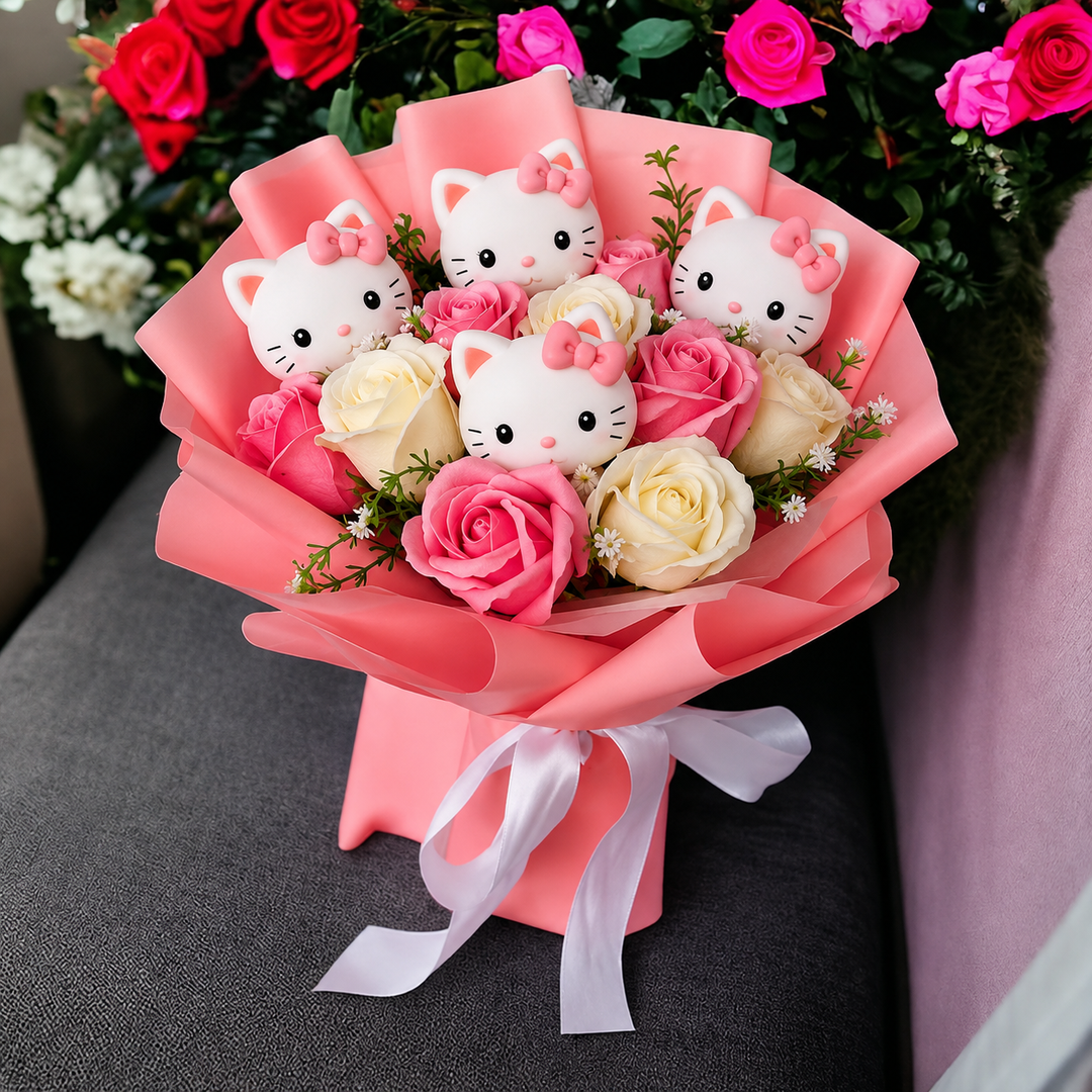 Colourful Synthetic Flower Bouquet With Kitty Figurines For Gifts And Decoration