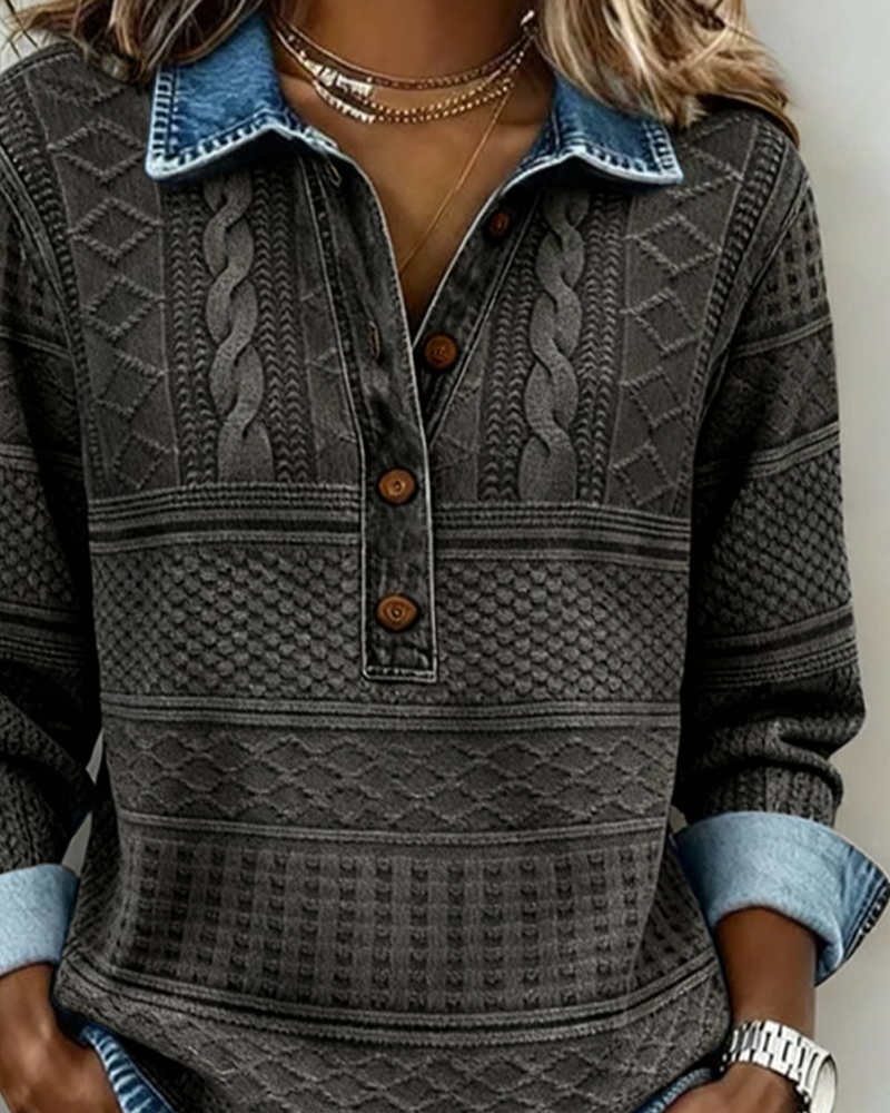 Women's Sweatshirt with Shirt Collar and Patterned Button Placket
