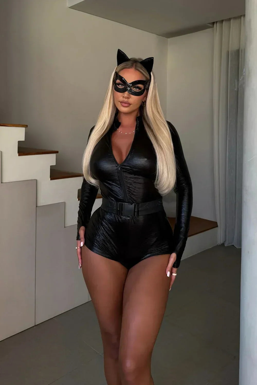 Four-Piece Black Cat Costume Set with Stretch Knit Bodysuit and Matching Accessories