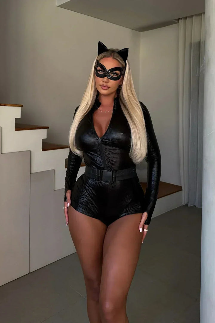 Four-Piece Black Cat Costume Set with Stretch Knit Bodysuit and Matching Accessories