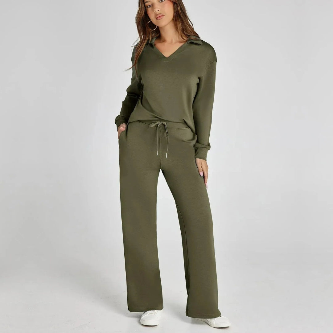 Women's Loungewear Set with V-Neck Sweatshirt and Wide Comfy Trousers