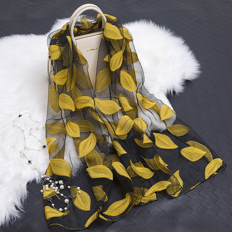 Silk Scarf with Cut Flower Pattern and Blank Motif