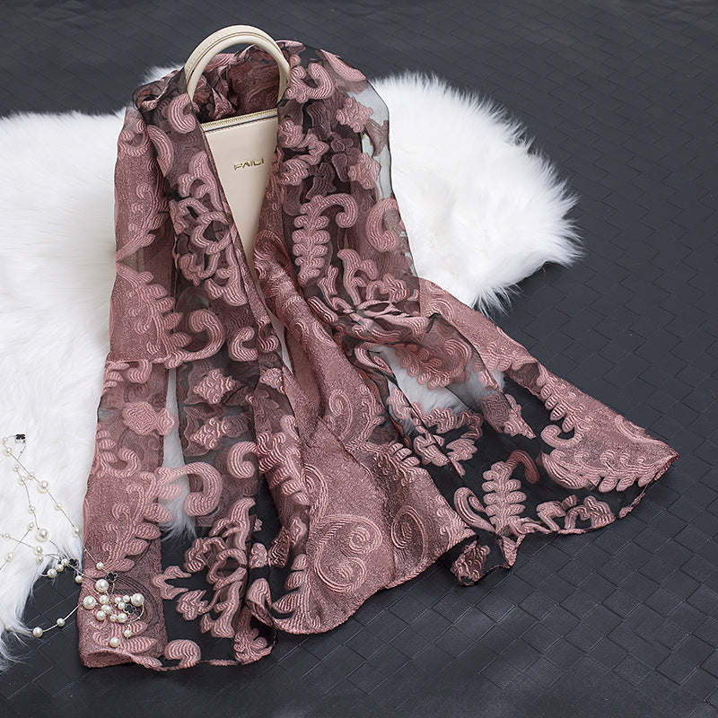 Silk Scarf with Cut Flower Pattern and Blank Motif