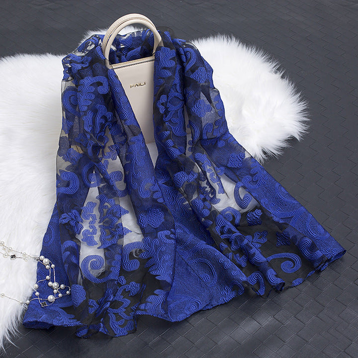 Silk Scarf with Cut Flower Pattern and Blank Motif