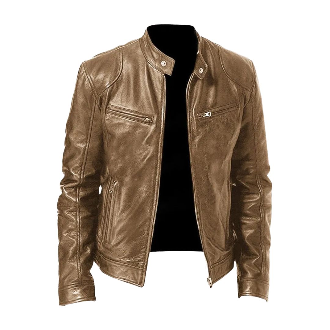 Men's Classic Leather Jacket with Stand Collar