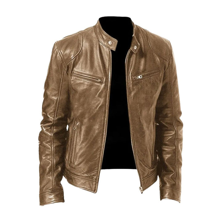 Men's Classic Leather Jacket with Stand Collar