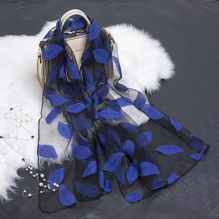 Silk Scarf with Cut Flower Pattern and Blank Motif