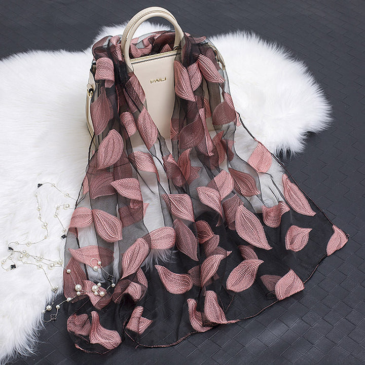 Silk Scarf with Cut Flower Pattern and Blank Motif
