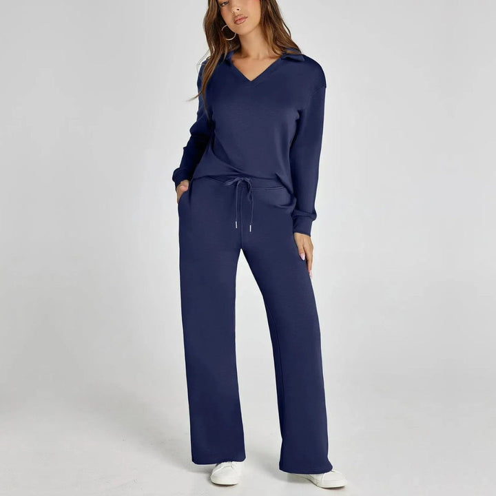 Women's Loungewear Set with V-Neck Sweatshirt and Wide Comfy Trousers