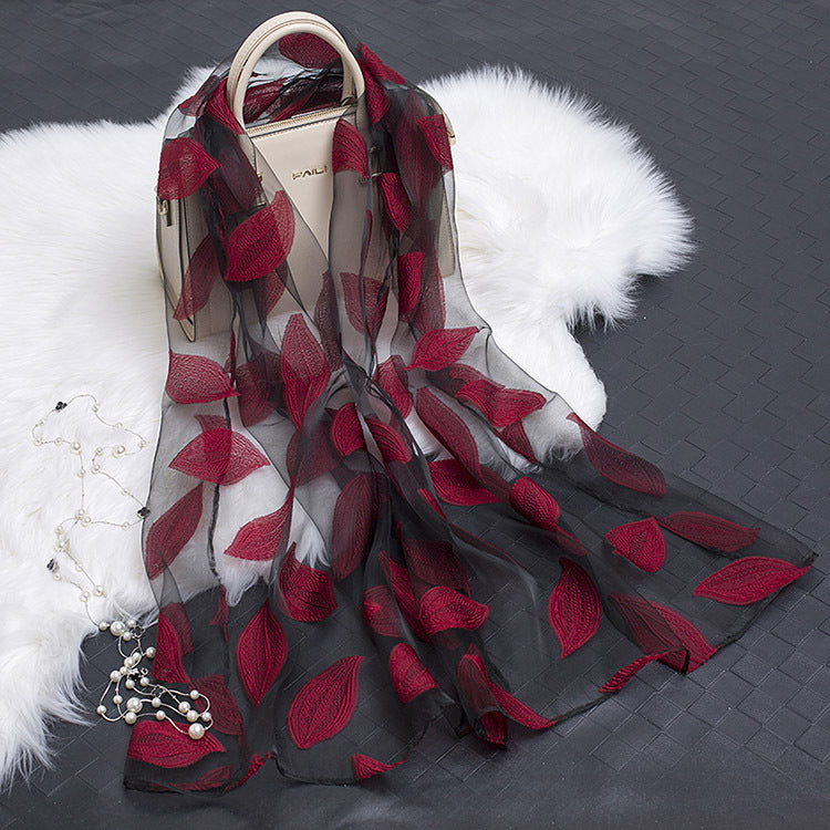 Silk Scarf with Cut Flower Pattern and Blank Motif