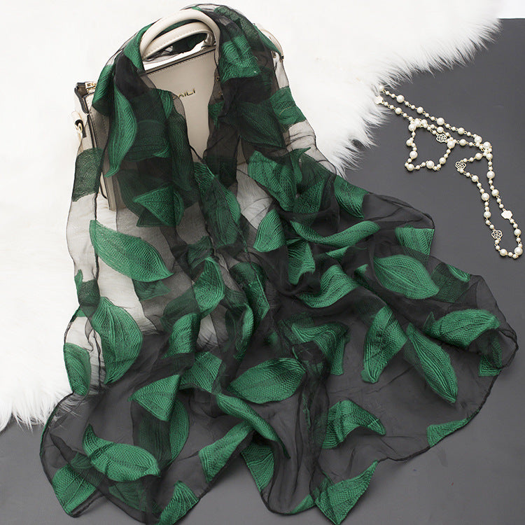 Silk Scarf with Cut Flower Pattern and Blank Motif