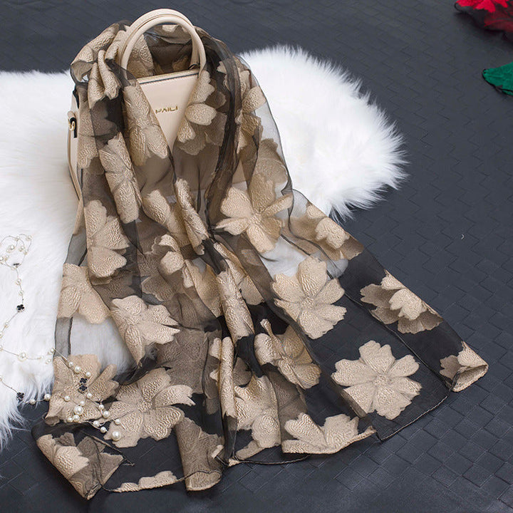 Silk Scarf with Cut Flower Pattern and Blank Motif