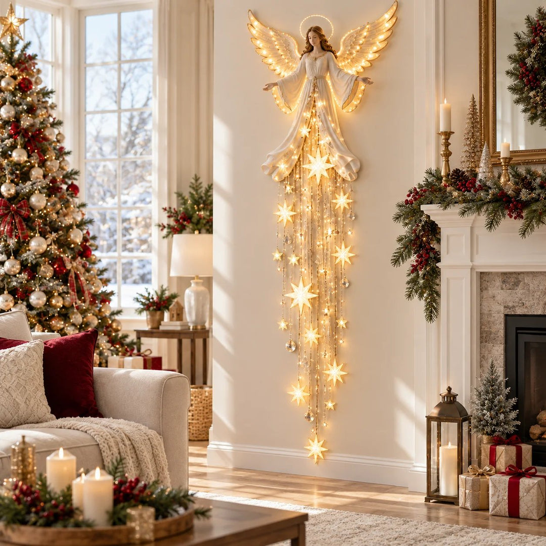 Christmas angel wall lamp with halo and falling stars, warm white