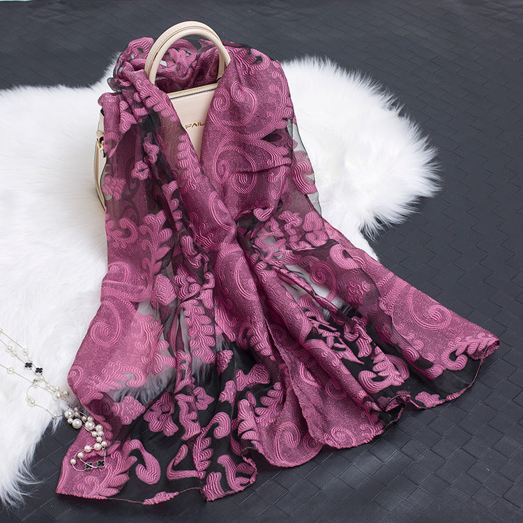 Silk Scarf with Cut Flower Pattern and Blank Motif