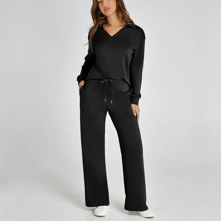 Women's Loungewear Set with V-Neck Sweatshirt and Wide Comfy Trousers