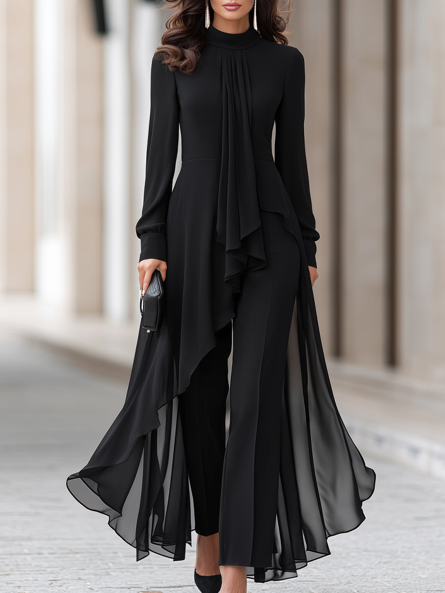 Women's Chiffon Tunic and Wide-Leg Trousers with Draped Scarf