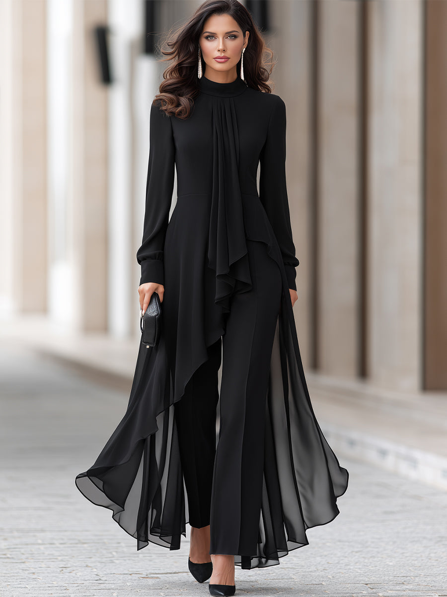 Women's Chiffon Tunic and Wide-Leg Trousers with Draped Scarf