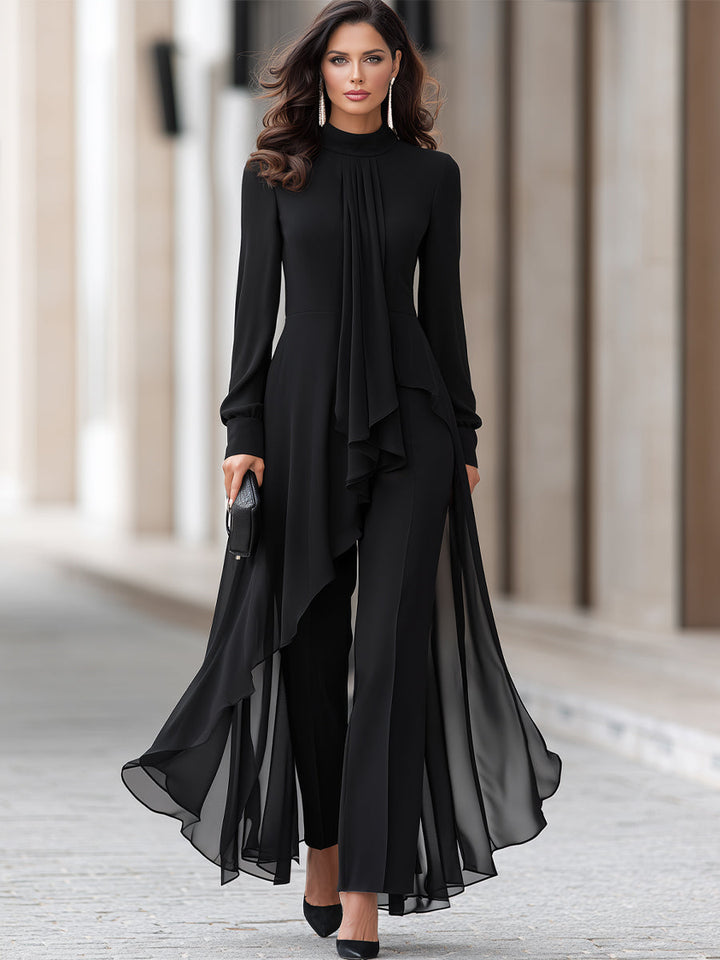 Women's Chiffon Tunic and Wide-Leg Trousers with Draped Scarf