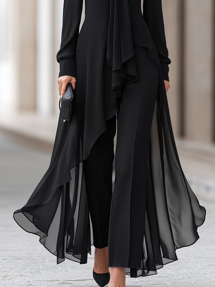 Women's Chiffon Tunic and Wide-Leg Trousers with Draped Scarf