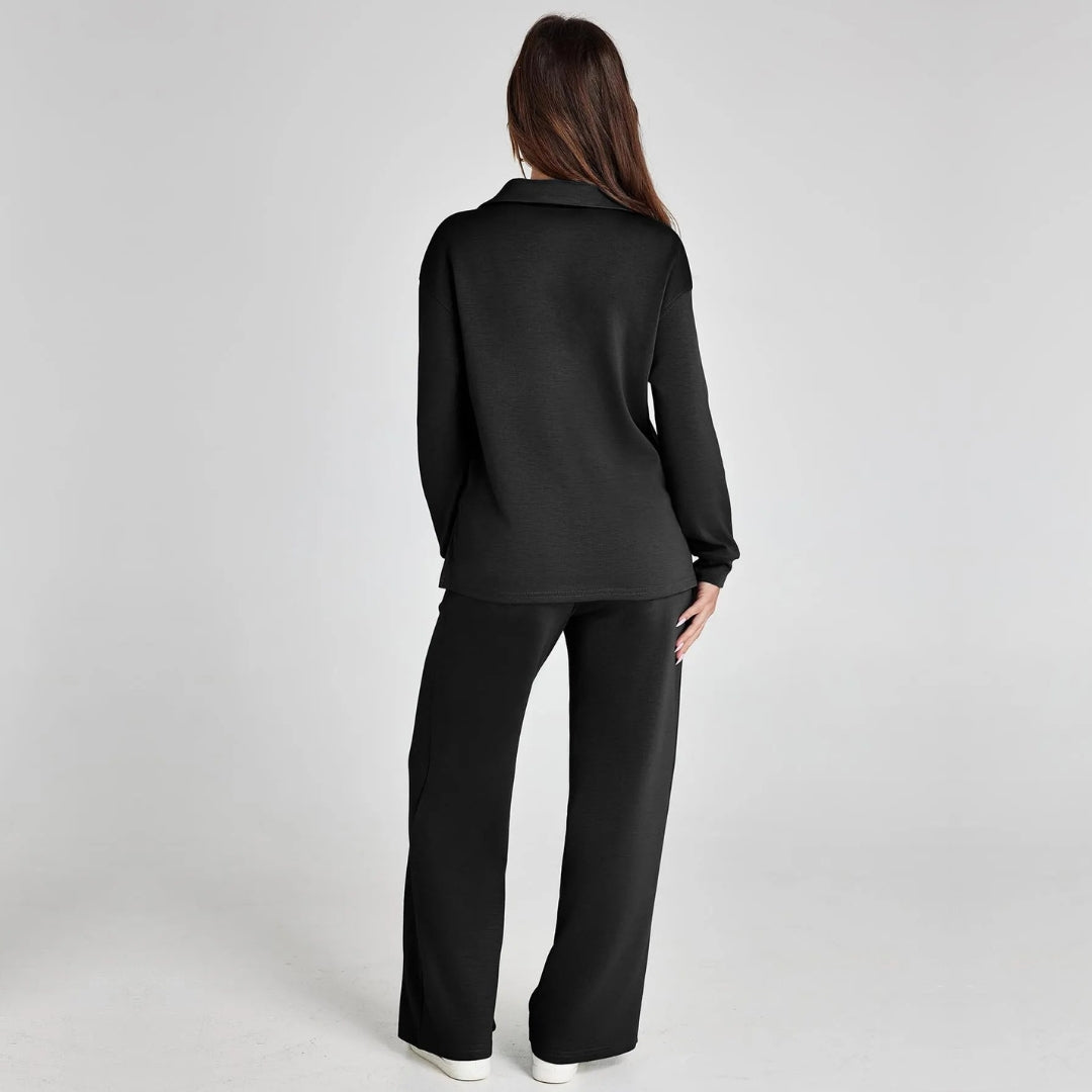 Women's Loungewear Set with V-Neck Sweatshirt and Wide Comfy Trousers