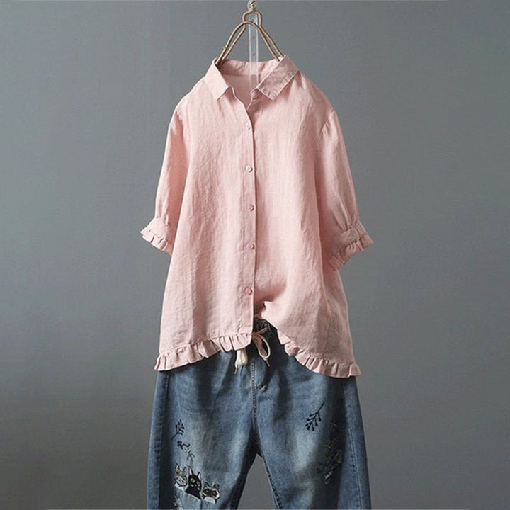 Button Down Cotton Blouse with Ruffled Hem