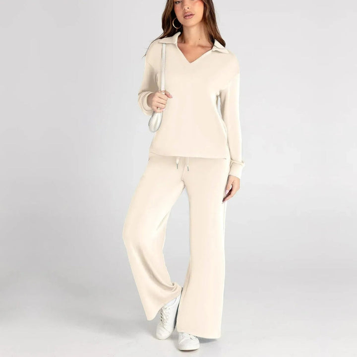 Women's Loungewear Set with V-Neck Sweatshirt and Wide Comfy Trousers