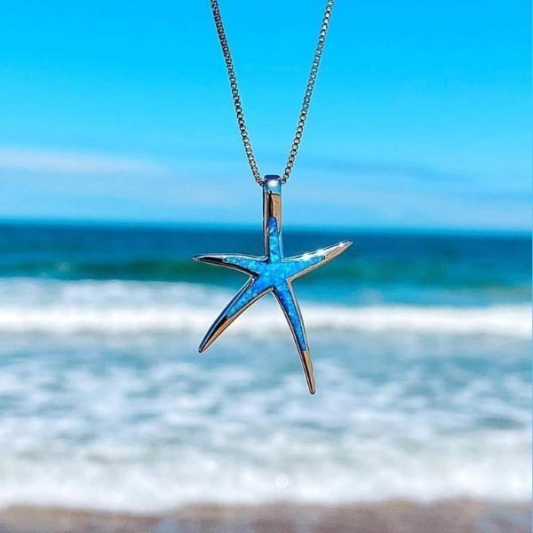 Silver necklace with blue opal and starfish detail