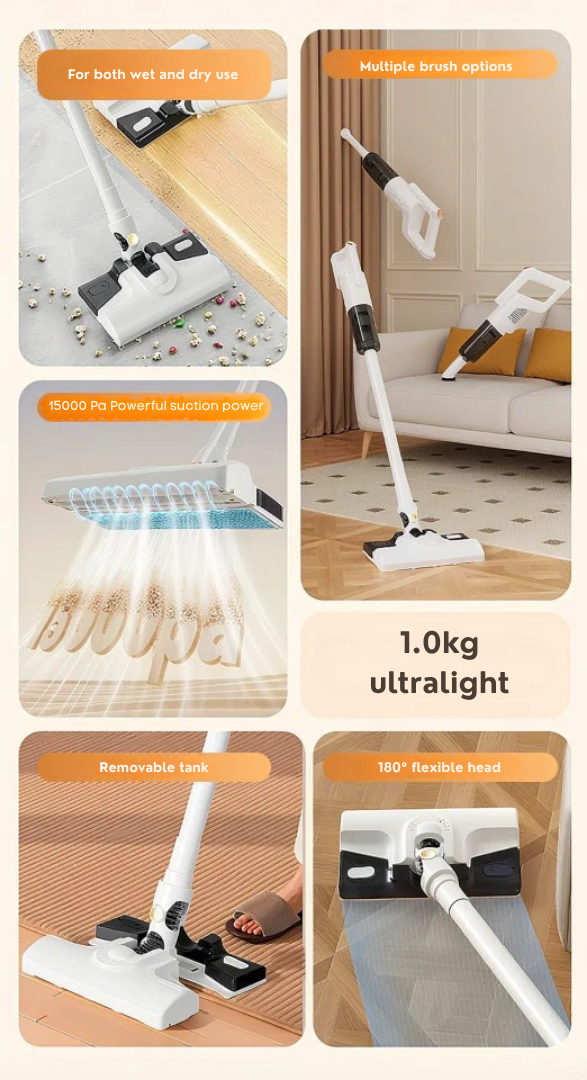 3-in-1 Cordless Vacuum Cleaner, Mop and Fabric Cleaner, 15,000 Pa Suction Power