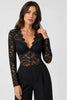 Women's Lace Bodysuit with V-Neck, Sheer Long Sleeves and Figure-Hugging Fit