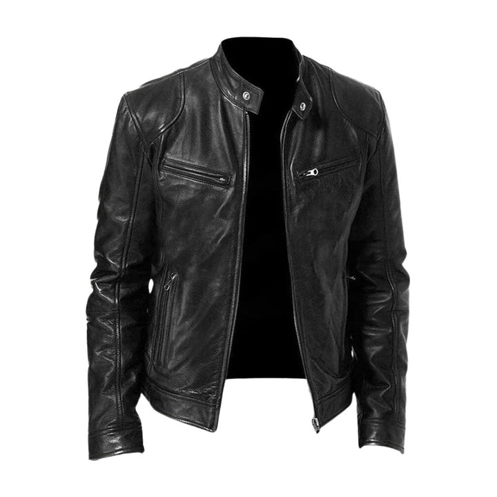 Men's Classic Leather Jacket with Stand Collar