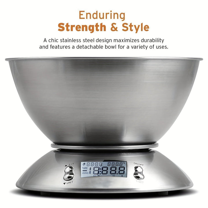 Digital Kitchen Scale with Stainless Steel Bowl – Precision with Temperature Sensor and Timer Function for Cooking and Baking