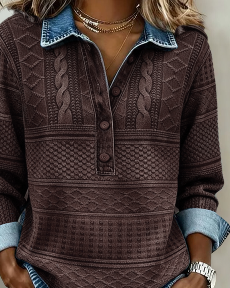Women's Sweatshirt with Shirt Collar and Patterned Button Placket