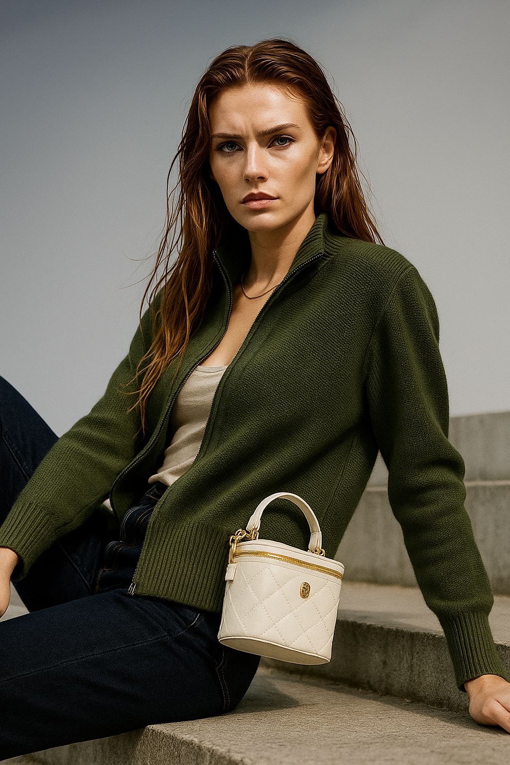 Women's Wool Zip Cardigan – Knitted Cardigan with High Collar