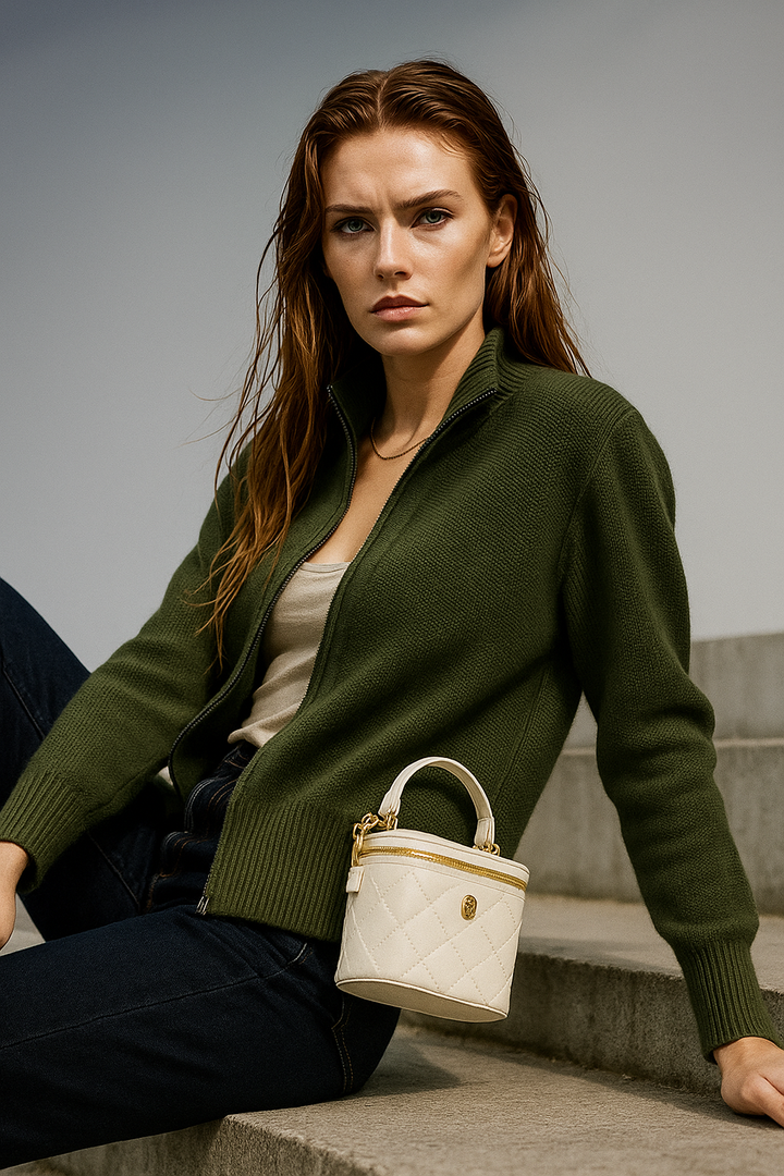 Women's Wool Zip Cardigan – Knitted Cardigan with High Collar
