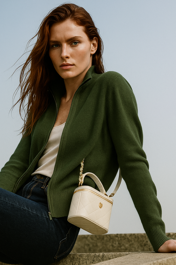 Women's Wool Zip Cardigan – Knitted Cardigan with High Collar