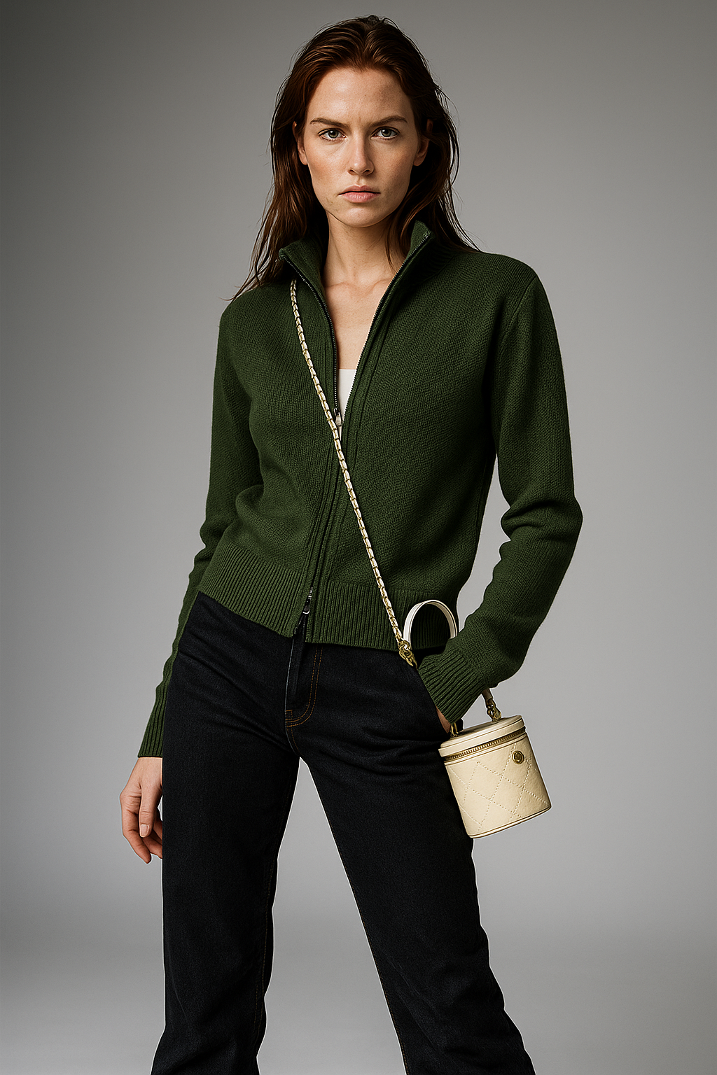 Women's Wool Zip Cardigan – Knitted Cardigan with High Collar