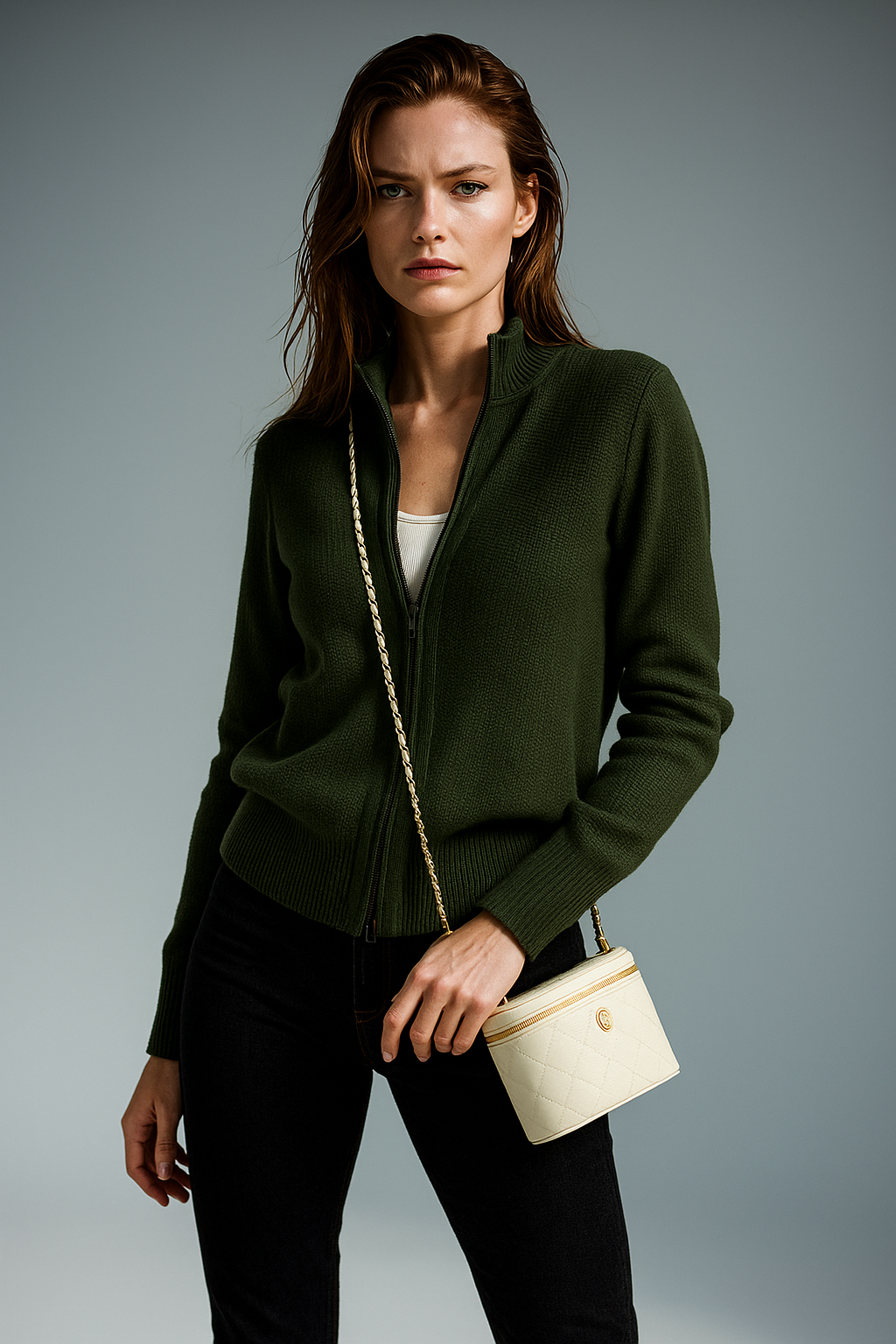 Women's Wool Zip Cardigan – Knitted Cardigan with High Collar