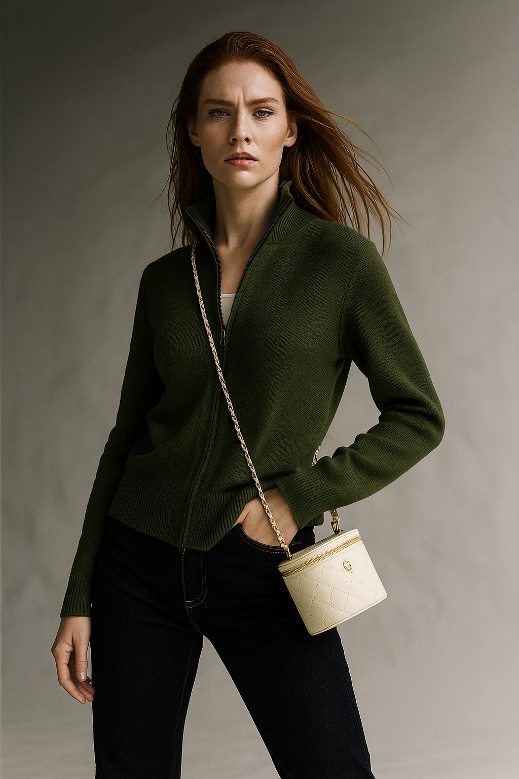 Women's Wool Zip Cardigan – Knitted Cardigan with High Collar