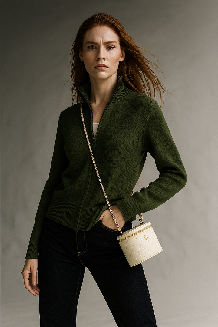 Women's Wool Zip Cardigan – Knitted Cardigan with High Collar