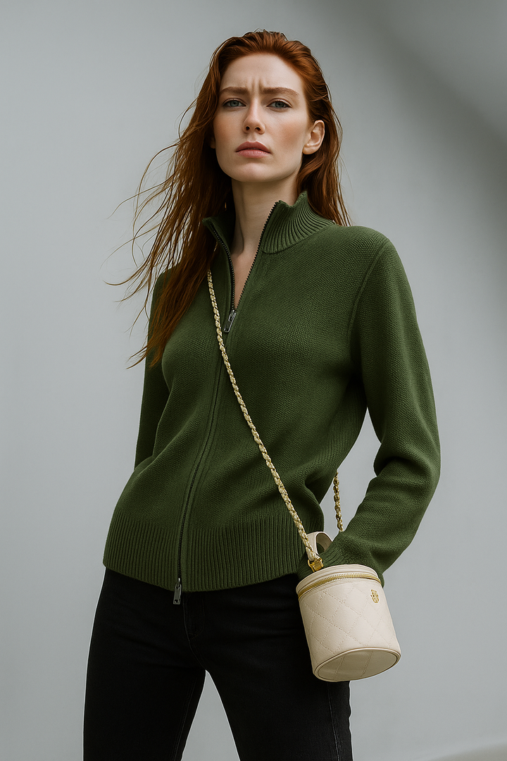 Women's Wool Zip Cardigan – Knitted Cardigan with High Collar
