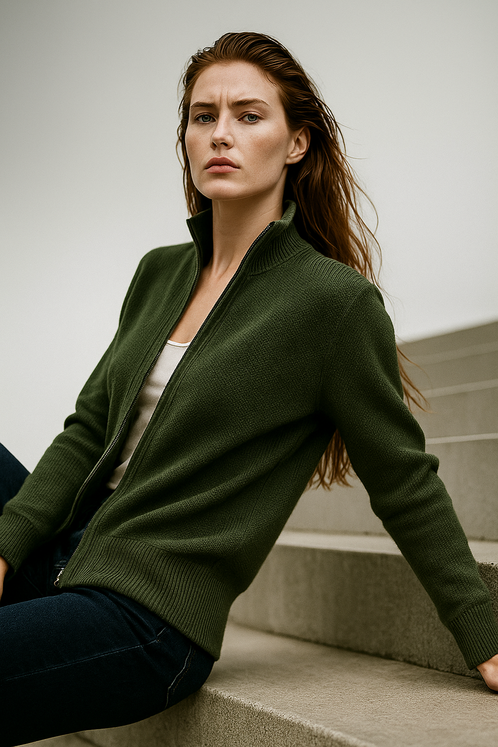 Women's Wool Zip Cardigan – Knitted Cardigan with High Collar
