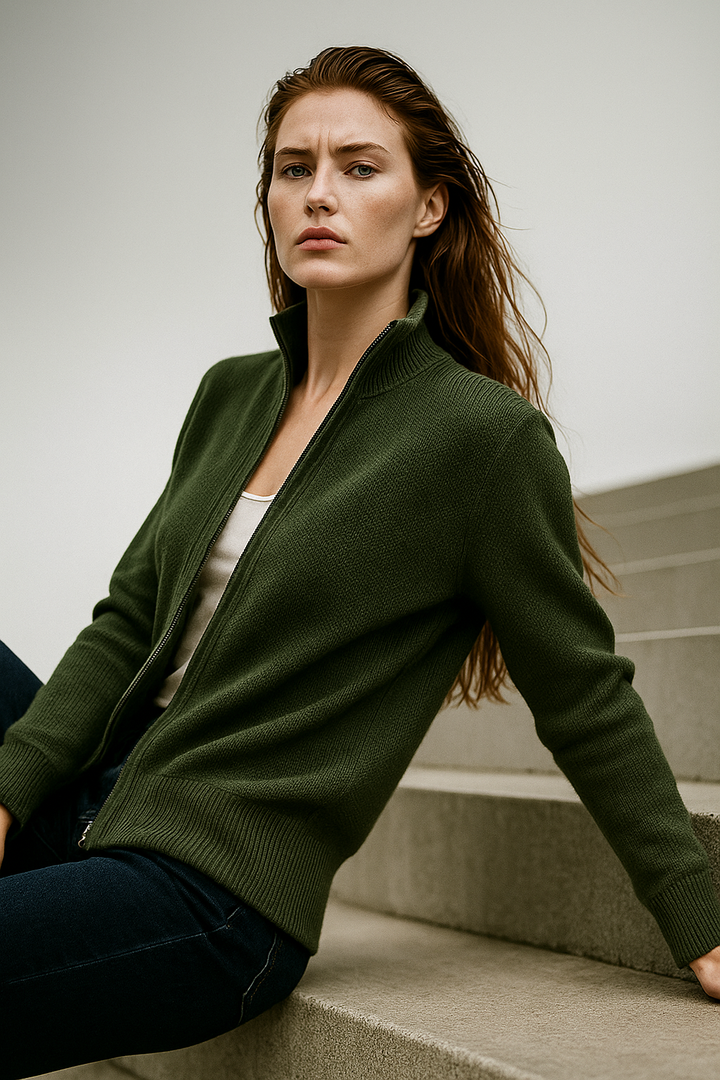 Women's Wool Zip Cardigan – Knitted Cardigan with High Collar