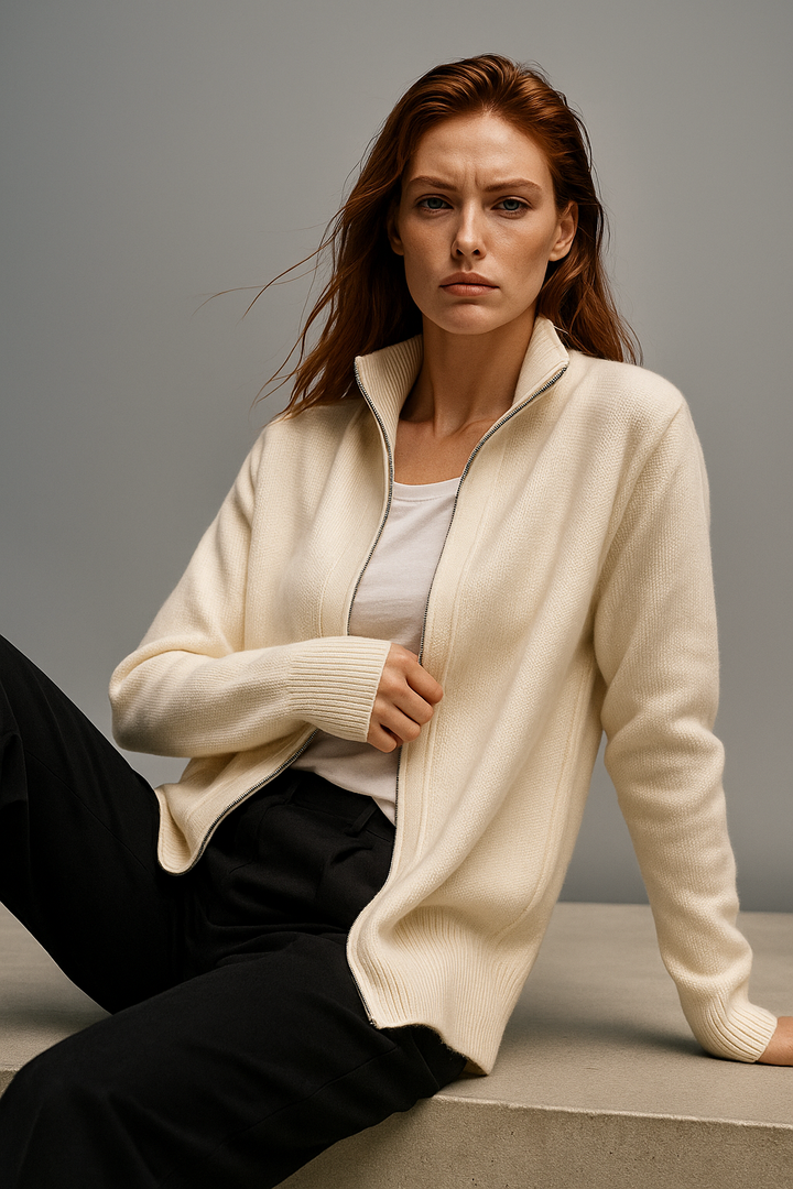 Women's Wool Zip Cardigan – Knitted Cardigan with High Collar