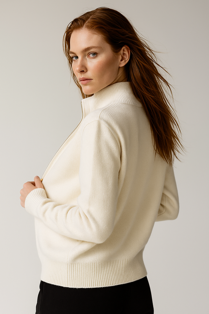 Women's Wool Zip Cardigan – Knitted Cardigan with High Collar