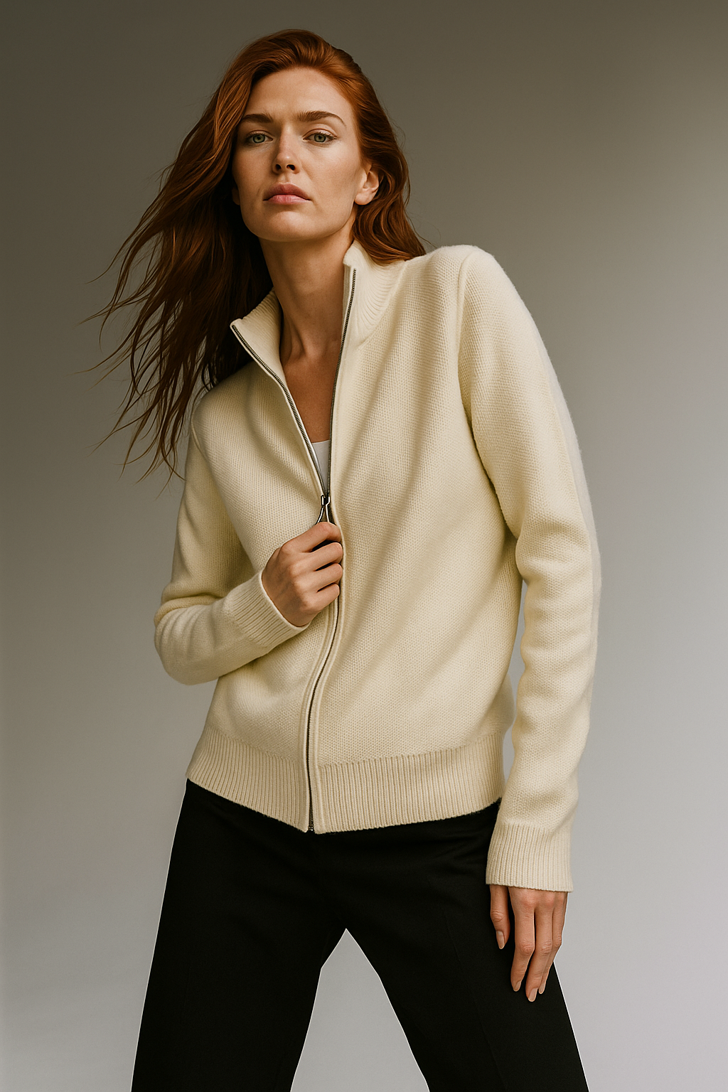 Women's Wool Zip Cardigan – Knitted Cardigan with High Collar